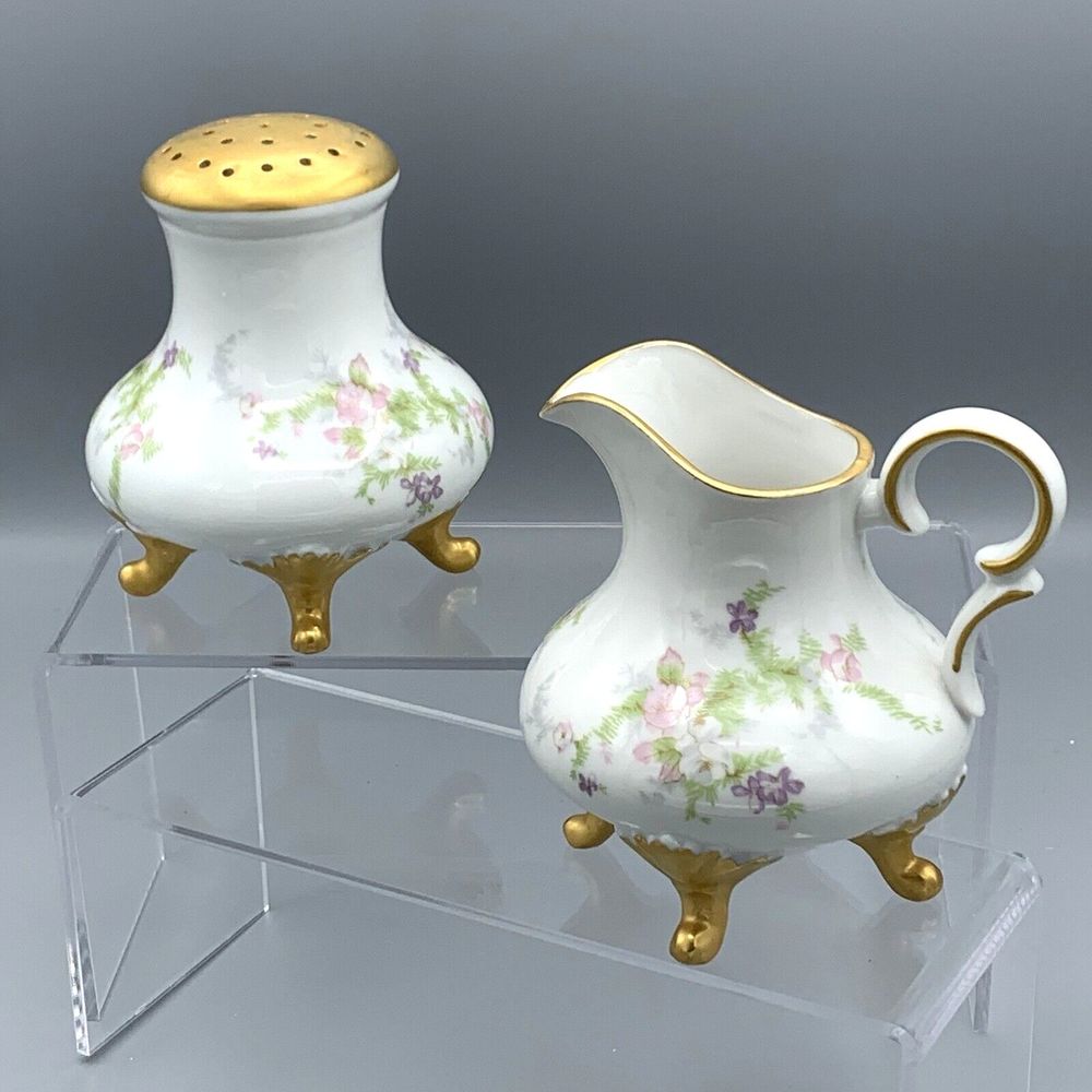 Hand Painted Porcelain Footed Floral Sugar Shaker Creamer Gold Gild Grannycore